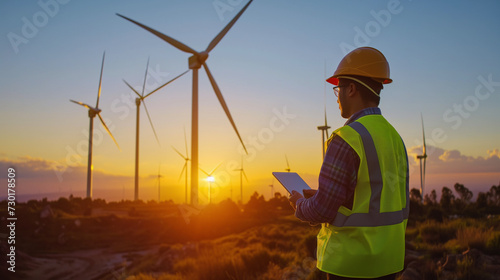 An engineer in a reflective vest and hardhat is inspecting a tablet with wind turbines in the background during sunset working on wind energy construction , Generative AI 