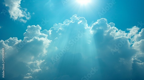 a blue sky with a few clouds, in the style of sunrays shine upon it, light aquamarine and white, atmospheric installations, uhd image, william stanley haseltine, spiritual symbolism generated by ai