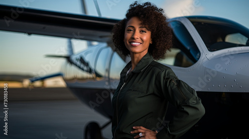 Black female small plane pilot with her small plane behind