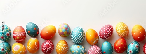 colorful easter eggs on white studio background, banner with copyspace, top view