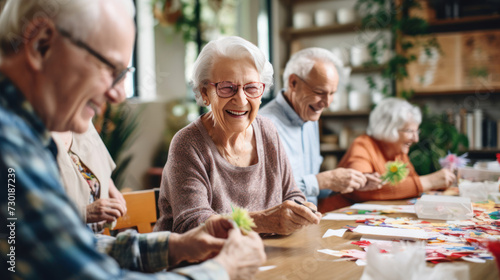 Card-making joy: seniors crafting artistic creations, surrounded by laughter