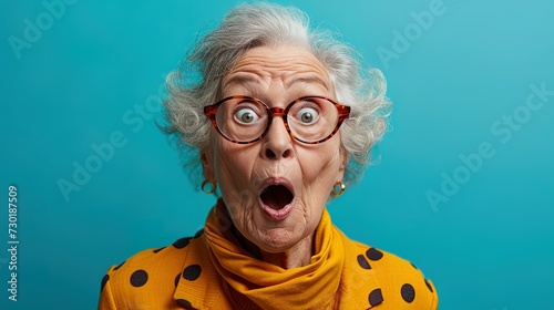 Senior woman wearing glasses and a yellow scarf shows a look of astonishment on a plain blue backdrop