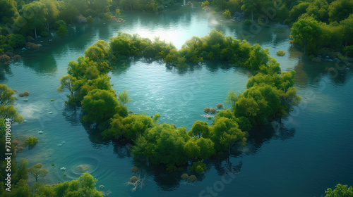 Heart-shaped Lake surrounded by nature Concepts that demonstrate nature conservation issues and protection of forests and forests in general.