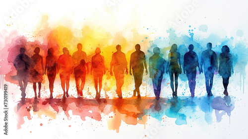 group of multicolor watercolor painted people, concept of Belonging Inclusion Diversity Equity DEIB, isolated on white background, tshirts print, cards, unity , bonding 