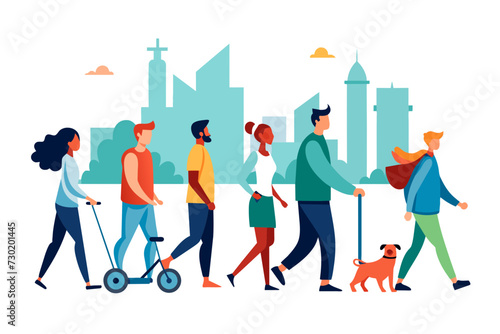 A crowded city street scene with people of different ethnicities and abilities going about their daily routines from walking their dogs to