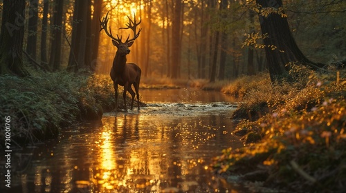 Dawn's Reflection: Stag by the Forest Creek