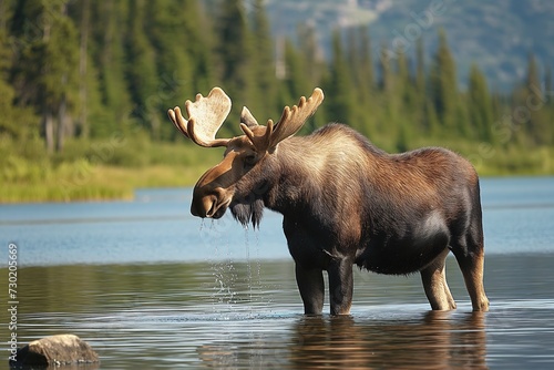 A moose is captured in this photo standing in the water with its mouth wide open.