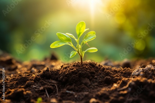 Young green plant growing at sunlight in the garden. World Earth Day banner. Save world concept.