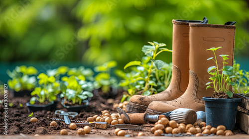 Garden boots, sprouts, shovels on a green blurred background