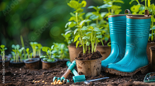 Garden boots, sprouts, shovels on a green blurred background