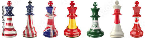 king chess piece with national flag printed on it. geopolitical balance concept collection isolated on transparent background.