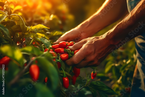 Spice of Life: A Farmer's Touch. In the glow of the setting sun, a farmer's weathered hands carefully select vibrant red chili peppers, a testament to the hard work and dedication behind 