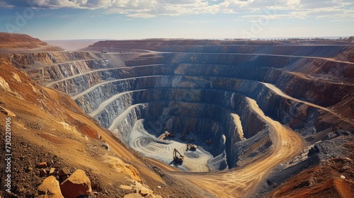 Terraced layers of a massive gold mining pit under a clear sky