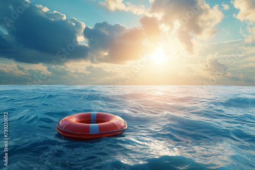Lifebuoy on the water in the sea against the background of sunset, the concept of rescue