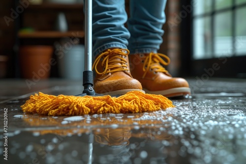 Shooting in close-up, the man wipes the floor near the leg. person feet with a mop on near on a floor. Cleaning concept