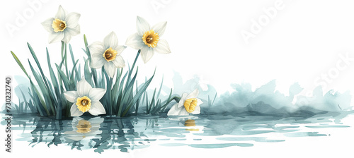 watercolor illuatration of Narcissus, genus of predominantly spring flowering perennial plants. daffodil 