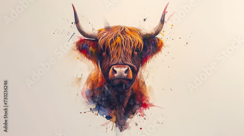 watercolour illustration of The Highland cow, long horns and a long shaggy coat. Scottish breed of rustic cattle