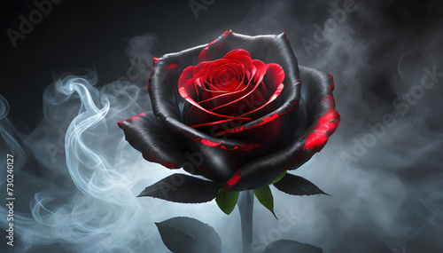 Róża, czerwono czarny kwiat w dymie