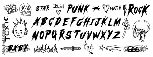Rock grunge font print, punk y2k metal music lettering kit, vector gothic dark tattoo typography. Handwritten scary calligraphy, vintage music poster typeface, doodle skull. Rock font letter design