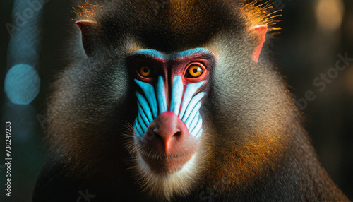 Mandrill close-up portrait. Mandrillus sphinx with red fur and blue eyes,a wild primate looks closely at the camera.Dark green background.