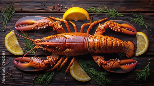 a close up of a cooked lobster on a table with lemon wedges and a slice of lemon on the side.
