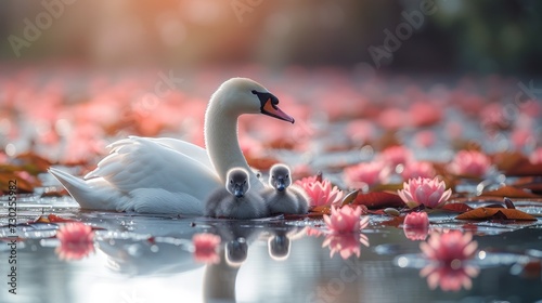 a mother swan and her two babies swimming in a pond of water lilies with pink flowers in the background.