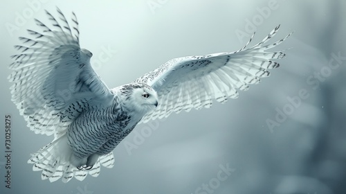 a white owl flying through the air with it's wings spread and it's head turned to the side.