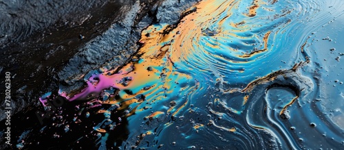 Colorful shapes and iridescence against a reflective surface. Tar and water blend together in the pit.