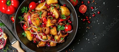 Fried pork with potato, onions, peppers, tomatoes, pomegranate, and herbs.