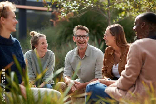 Group of diverse people talking and laughing together in the park. Diverse group of friends having fun together outdoors.