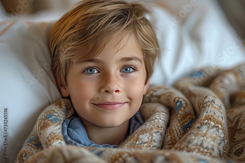 Portrait of smiling optimistic young sick child boy in bed