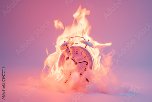 Burning alarm clock. Time out or deadline pressure concept. Clock on fire, symbol of hot sale, discounts, shopping time, countdown. Oversleep, waste of time, insomnia. Time is ending, running out.