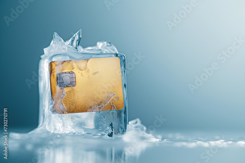 Credit card frozen in ice cube. Frozen bank account. Frozen funds and assets, unavailable money. The concept of bankruptcy and capital freezing, capital outflow restrictions, deposit risk, sanctions.