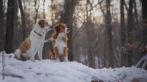 A pair of dogs, from a snowy mountain, looking thoughtful. generative ai