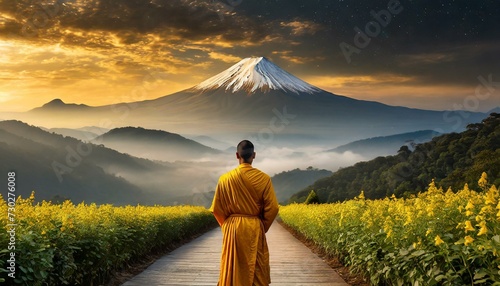 asian monk from behind in front of epic landscape with mountains, sundown in the evening