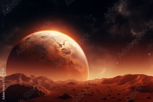 Red Mars planet. Nebula desert space. Generate Ai