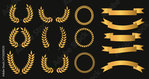 Set of golden ribbons, laurel wreaths of different shapes. Vector