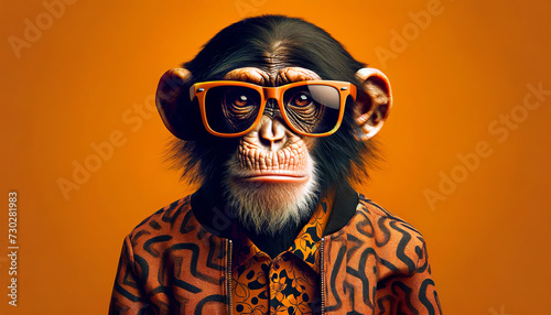 A highly stylized image of a chimpanzee wearing trendy orange sunglasses and a patterned shirt against a bright orange background gives it a cool and whimsical feel. Animal portrait concept. AI genera