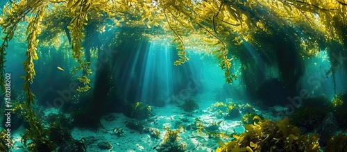 Underwater kelp forest at California island reef housing marine creatures.