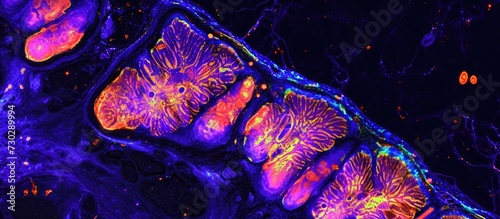 Immunofluorescence-recorded mouse brain section shows distinctive Purkinje cells in the cerebellar folium, via confocal laser scanning microscopy.