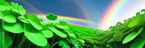 Happy St Patricks Day background with shamrock and rainbow. Greeting card. Copy space banner with a place for text