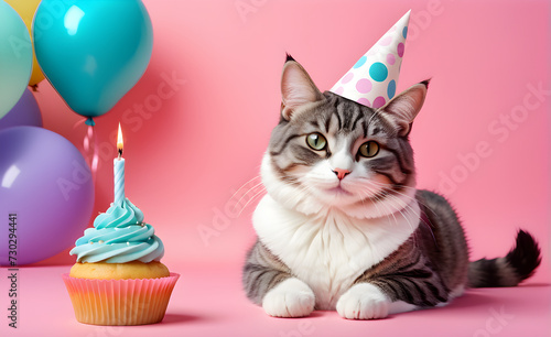 Smiling cat wearing a party hat, seated next to a cupcake with a single lit candle, simple pastel-colored background, celebration atmosphere. Generative AI