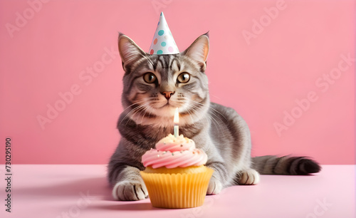 Smiling cat wearing a party hat, seated next to a cupcake with a single lit candle, simple pastel-colored background, celebration atmosphere. Generative AI
