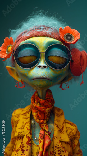 Fashionable alien with floral accessories and round sunglasses