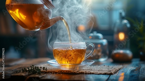 A rustic teapot pouring hot herbal tea into a glass cup, steam rising gracefully