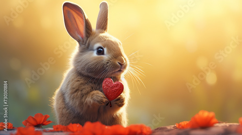 Cute fluffy rabbit hugging red heart. Valentine's Day greetings from romantic bunny holding heart. ,.