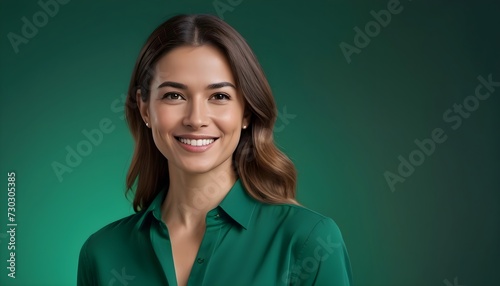 portrait of a woman portrait siling and wearing a emerald green shirt