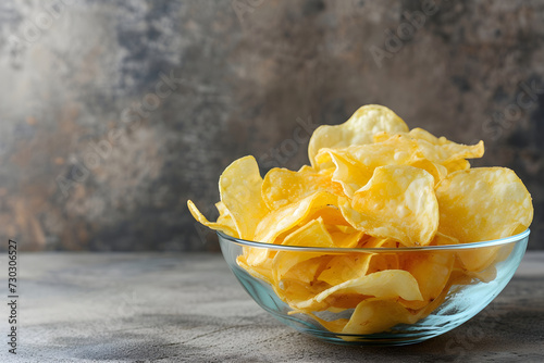 potato chips in a bowl on the table. minimalistic. copy space. glass bowl with cheeps, plain background. food ad, magazine.