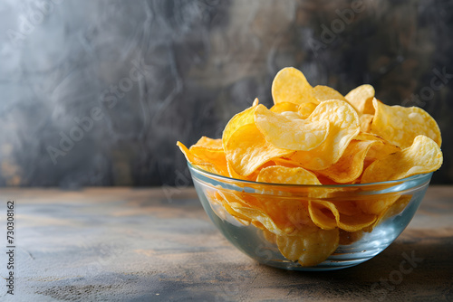 potato chips in a bowl on the table. minimalistic. copy space. glass bowl with cheeps, plain background. food ad, magazine.