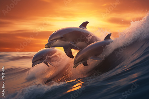 three dolphins jumping out of a surf wave, in the style of photo-realistic landscapes, playful compositions, dramatic seascapes